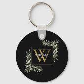 Zwart goudmonogram Modern Greenery, gepersonalisee Sleutelhanger (Voorkant)
