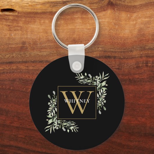 Zwart goudmonogram Modern Greenery, gepersonalisee Sleutelhanger (Voorkant)