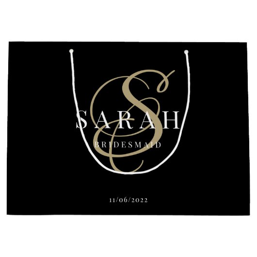 Zwart goudmonogram Persoonlijke Bridesmaid Groot Cadeauzakje (Voorkant)