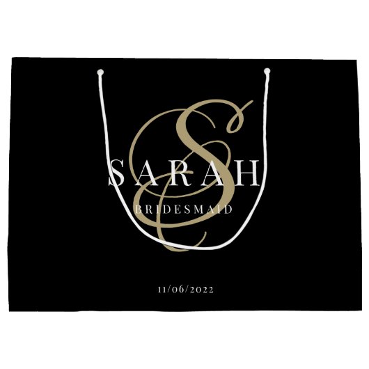 Zwart goudmonogram Persoonlijke Bridesmaid Groot Cadeauzakje (Achterkant)