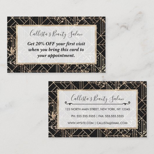Zwart goudretroArt Deco Geometric Paint Splatter Kortingskaartje (Voorkant / Achterkant)