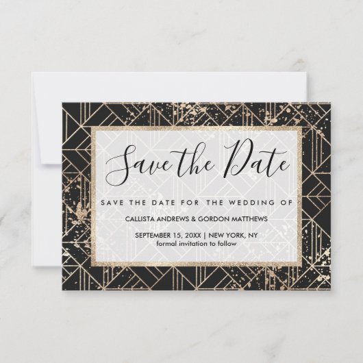Zwart goudretroArt Deco Geometric Paint Splatter Save The Date (Voorkant)