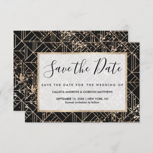 Zwart goudretroArt Deco Geometric Paint Splatter Save The Date (Voorkant / Achterkant)