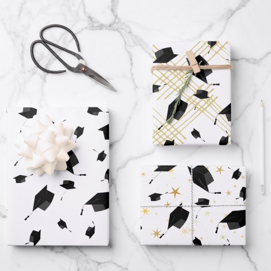 Zwart Graduation Cap Toss Wrapping Papier Inpakpapier Vel (Voorkant)