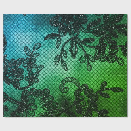 Zwart gram Floral Lace Tropical Green Aquatic Cadeaupapier (Vlak)