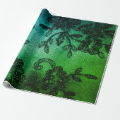 Zwart gram Floral Lace Tropical Green Aquatic Cadeaupapier (Uitgerold)