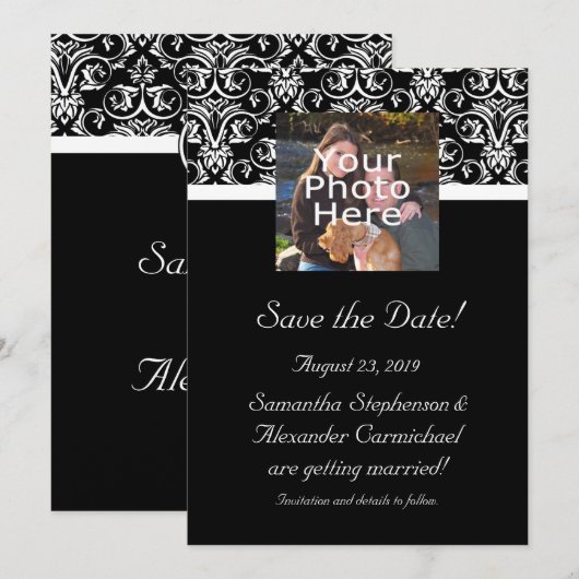 Zwart Grand Insignia Monogram Foto Save the Date (Voorkant / Achterkant)