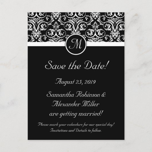 Zwart Grand Insignia Monogram Save the Date Aankondigingskaart (Voorkant)