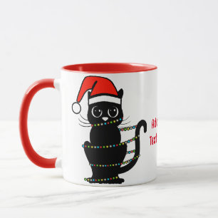 Zwart Grappig Kat Kerst Licht Santa Hoed Rood Mok