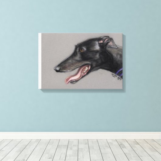 Zwart Greyhound Hond Art Canvas Print (Insitu (Houten vloer))