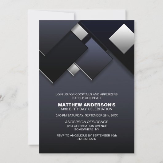 Zwart Grijs 50e Cocktail Verjaardagsfeestje Kaart (Voorkant)