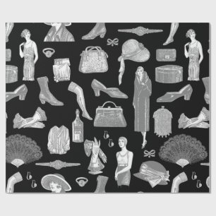Zwart Grijs Art Deco 1920s Flapper Glamour Vrouwel Cadeaupapier