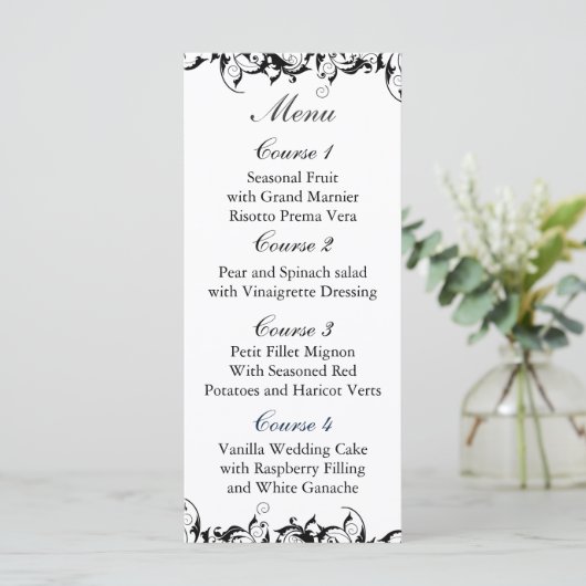 Zwart Grijs Barok bruiloft Menu (Staand voorkant)
