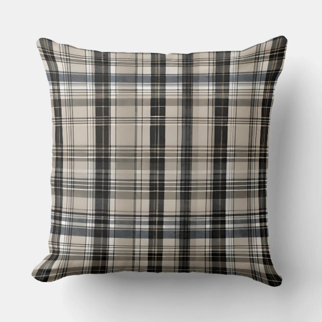 Zwart Grijs Beige Geruit Plaid Kussen (Voorkant)