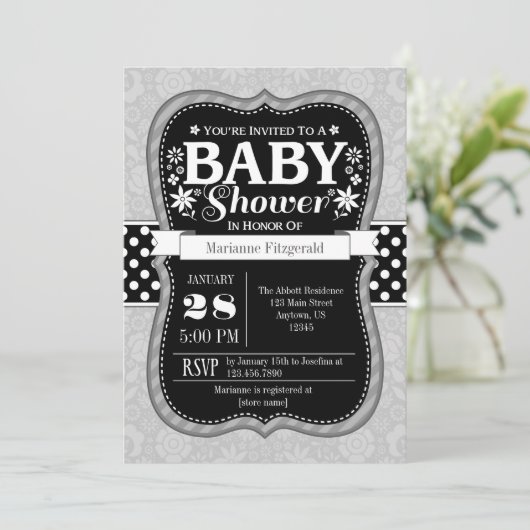 Zwart Grijs Bloemen Baby shower Invitation Kaart (Staand voorkant)
