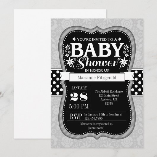 Zwart Grijs Bloemen Baby shower Invitation Kaart (Voorkant / Achterkant)