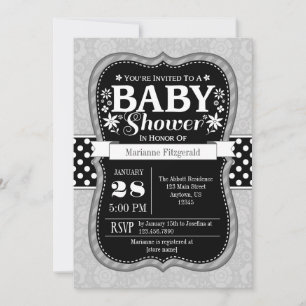 Zwart Grijs Bloemen Baby shower Invitation Kaart
