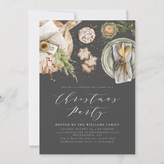 Zwart Grijs Boho Waterverf Kerstfeest Diner Kaart (Voorkant)