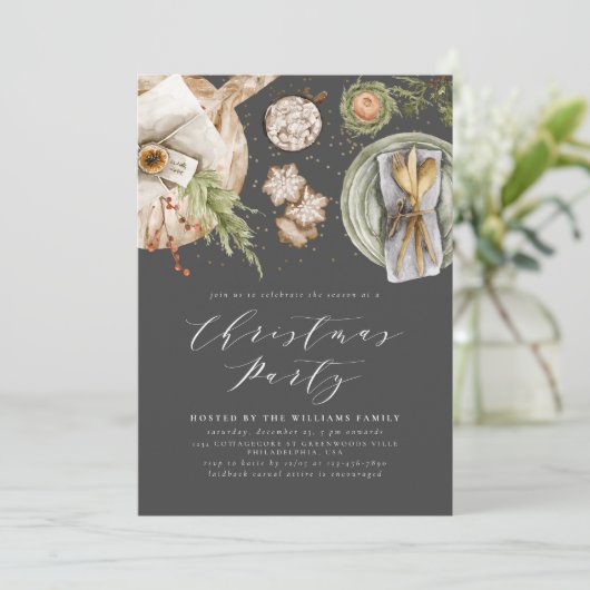 Zwart Grijs Boho Waterverf Kerstfeest Diner Kaart (Staand voorkant)