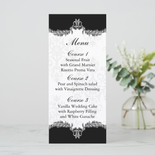 Zwart grijs bruiloft menu (Staand voorkant)