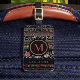 Zwart grijs bruin bloemmotief Aztekenpatroon Bagagelabel