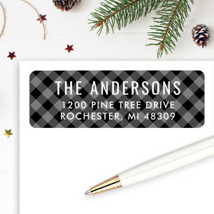 Zwart Grijs Buffalo Plaid Kerst Familie Adres Etiket