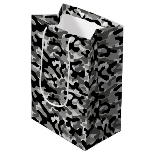 Zwart Grijs Camo Patroon Medium Cadeauzakje (Voorkant Gekanteld)