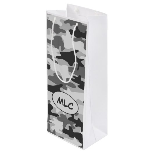 Zwart grijs Camouflage monogram op maat Wijn Cadeautas (Achterkant Gekanteld)