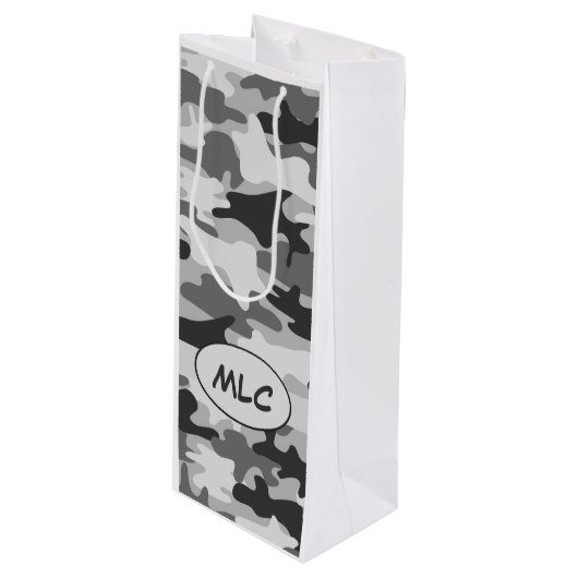 Zwart grijs Camouflage monogram op maat Wijn Cadeautas (Voorkant Gekanteld)