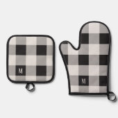 Zwart & Grijs Checkerboard Buffalo Plaid Monogram Ovenwant & Pannenlap Set (Voorkant)