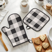 Zwart & Grijs Checkerboard Buffalo Plaid Monogram Ovenwant & Pannenlap Set