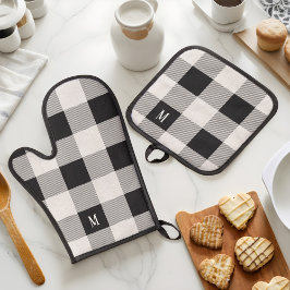 Zwart & Grijs Checkerboard Buffalo Plaid Monogram Ovenwant & Pannenlap Set