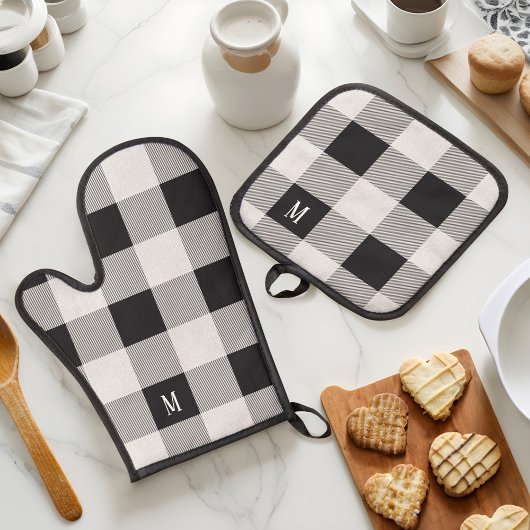 Zwart & Grijs Checkerboard Buffalo Plaid Monogram Ovenwant & Pannenlap Set