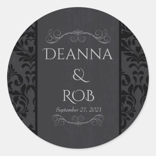 Zwart & Grijs Damast Bruiloft Stickers (Voorkant)