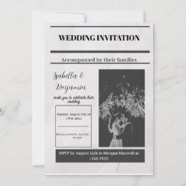 Zwart Grijs Eenvoudige  krant bruiloft uitnodiging