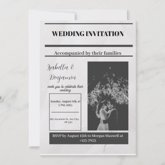 Zwart Grijs Eenvoudige  krant bruiloft uitnodiging (Voorkant)