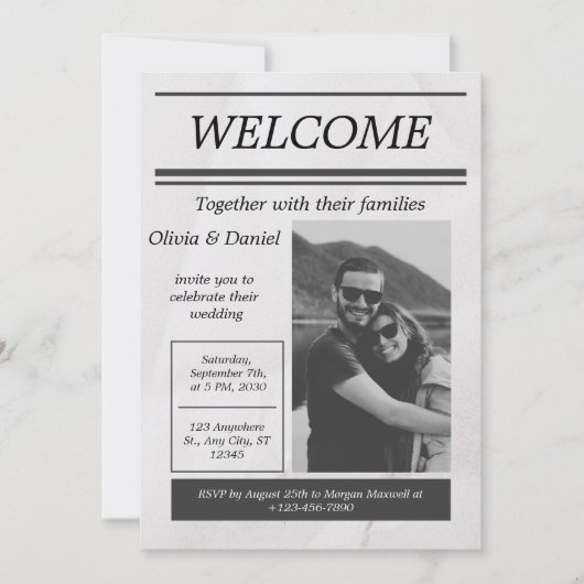 Zwart Grijs Eenvoudige  krant bruiloft uitnodiging (Voorkant)