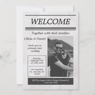 Zwart Grijs Eenvoudige  krant bruiloft uitnodiging