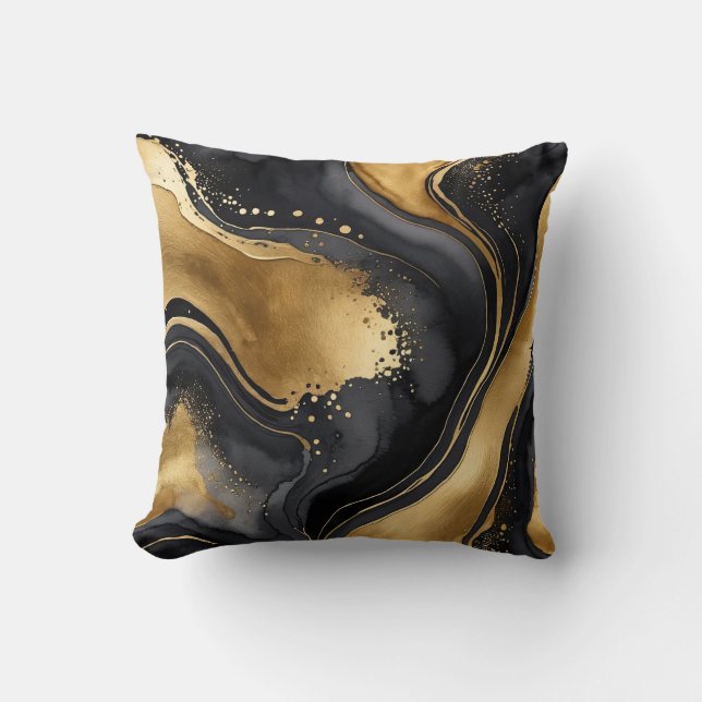 Zwart, grijs en goud spatten abstract kussen (Voorkant)
