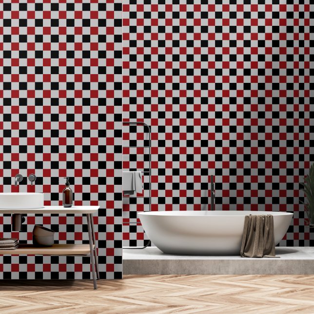 Zwart Grijs en Rood Cheque Behang (Badkamer)