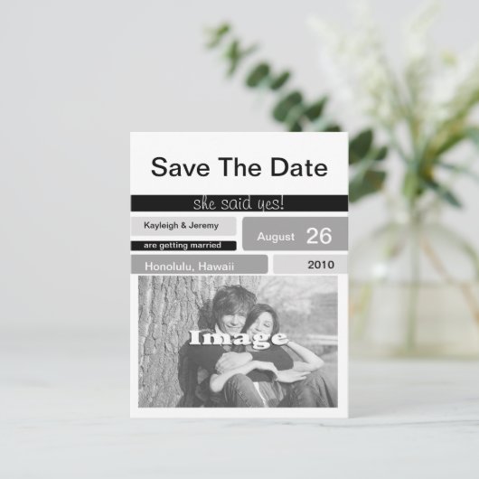 Zwart Grijs en Wit Foto Bewaar de Datum Briefkaart (Staand voorkant)