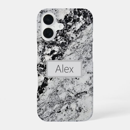Zwart, grijs en wit graniet iPhone 16 hoesje (Achterkant)