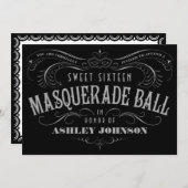 Zwart, grijs en wit zoet 16 Masquerade-uitnodiging Kaart (Voorkant / Achterkant)