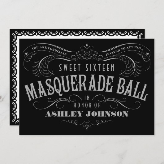 Zwart, grijs en wit zoet 16 Masquerade-uitnodiging Kaart (Voorkant / Achterkant)