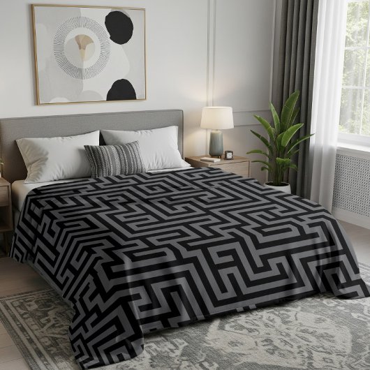 Zwart & grijs geometrisch doolhofpatroon fleece deken