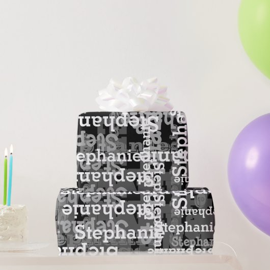 Zwart/Grijs Gepersonaliseerde Naam Collage Verjaar Cadeaupapier (Feestgeschenken)