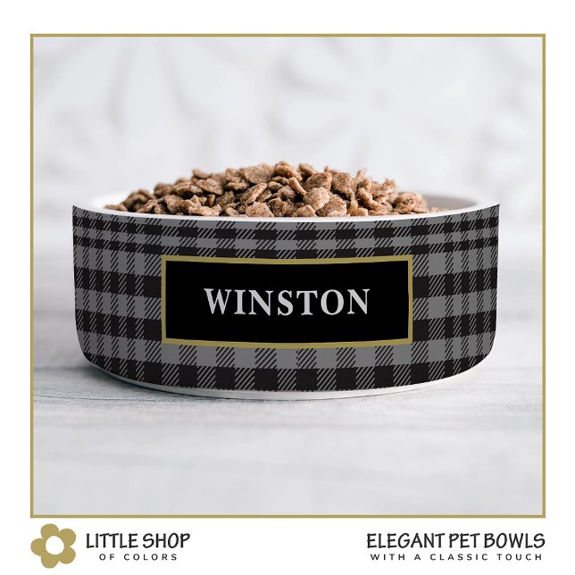 Zwart Grijs Glen Plaid Gepersonaliseerd Voerbakje (Creator heeft geüpload)