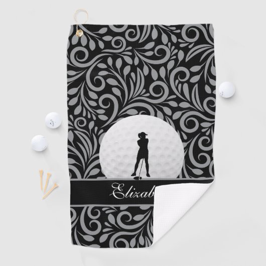 Zwart grijs Golfer Silhouette Pattern voor haar Golfhanddoek (Insitu)