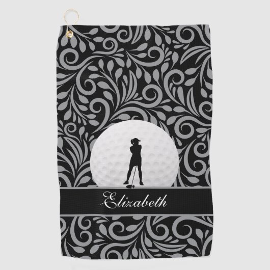 Zwart grijs Golfer Silhouette Pattern voor haar Golfhanddoek (Voorkant)