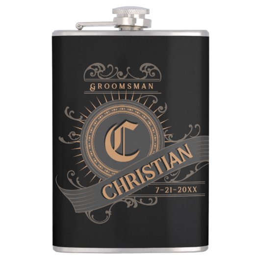  zwart/grijs/goud met Initiaal Groomsman Heupfles (Voorkant)
